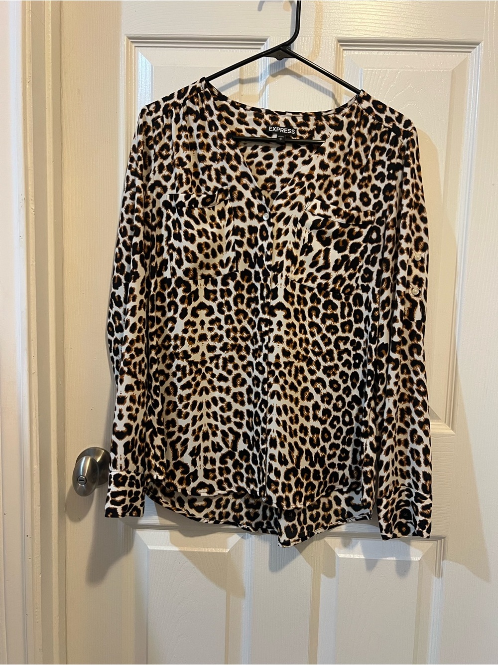 Express Leopard Print Button-Front Blouse - Cream & Brown